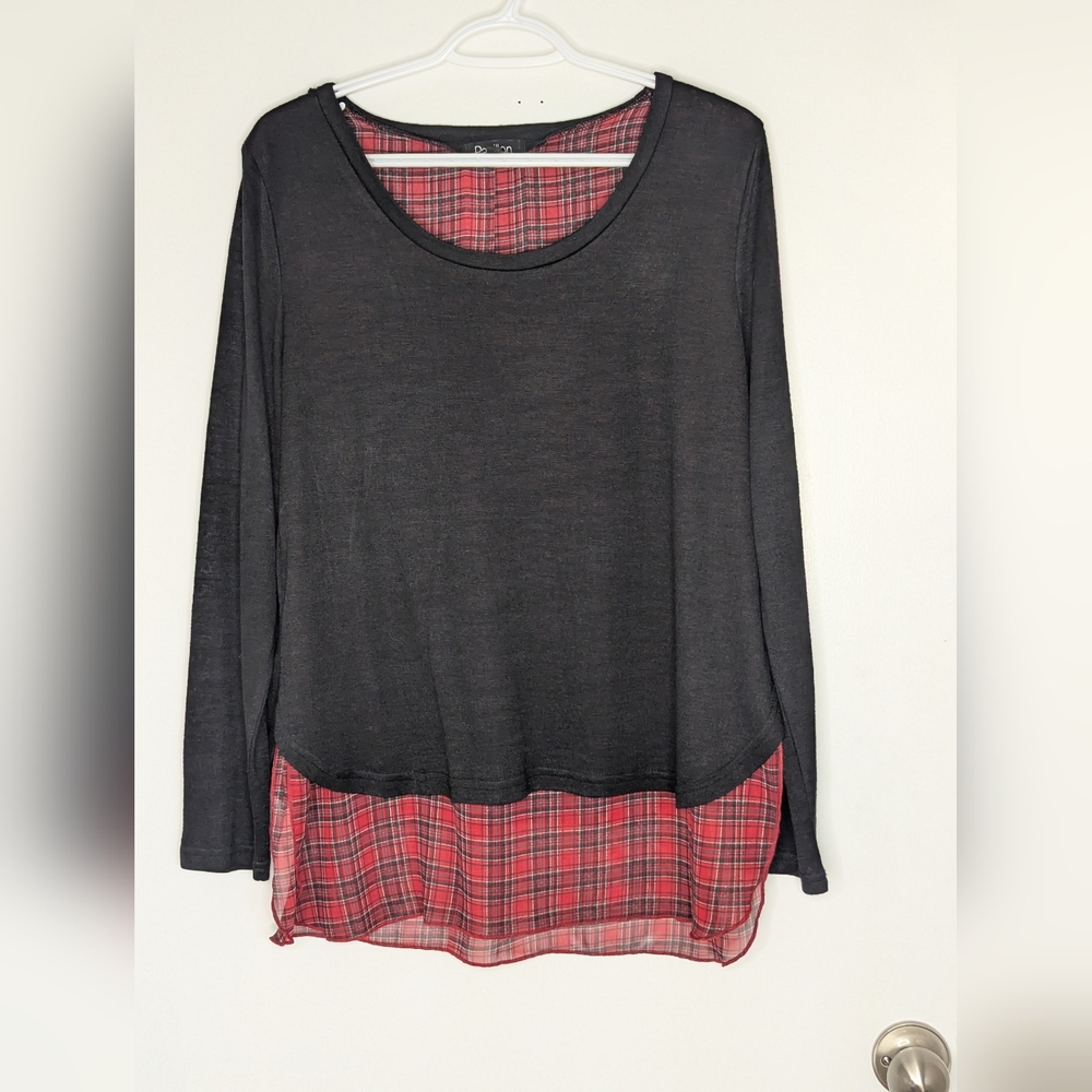 Papillon Black Top with Red Plaid Hem